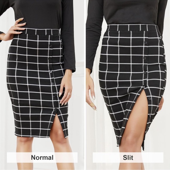 Plaid Pencil Midi Skirt Elastic High Waist Button Stretchy with Slit Size: M - Picture 2 of 8